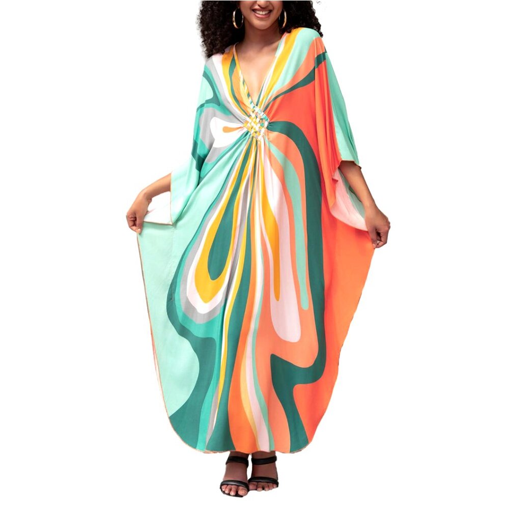Plus Size Kaftan Maxi Dress Retro Multicolor 70s Swirl Print Orange Green New